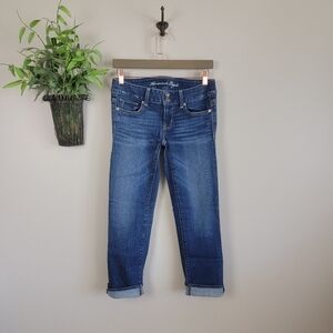 AE 2 Artist Crop Low Rise Dark Wash Distressed Stretch Jeans American Eagle